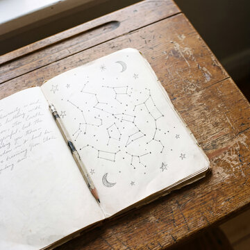 Overhead view of open notebook with hand drawn star map constellation lines pencil sketch on wood desk