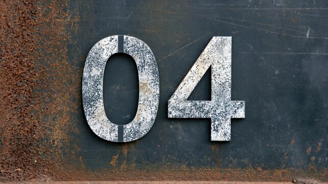 Close up of the number 04 in a distressed, textured font against a rusted metal background, vintage industrial style