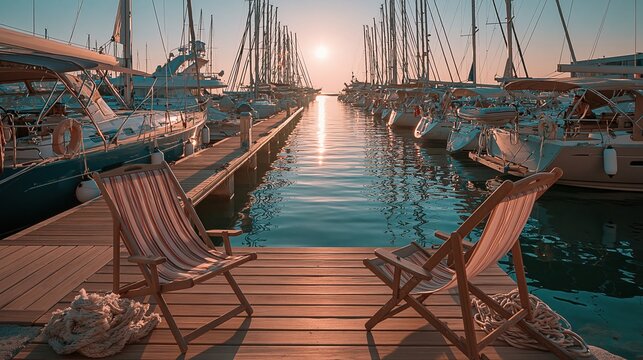 Tranquil Sunrise Over Marina With Rows of Sailboats and Adirondack Chairs on Dock