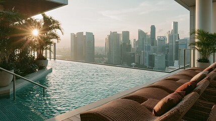 Fototapeta premium Luxury Rooftop Infinity Pool Overlooking a Modern City Skyline at Sunset with Palm Trees