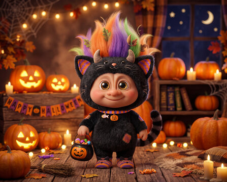S&uuml;&szlig;er Halloween Troll im Katzen Kost&uuml;m, 3D Design