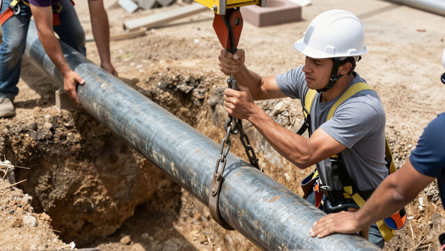Construction worker using crane to lower pipe. Professional plumber installing utility infrastructure in a trench at a job site