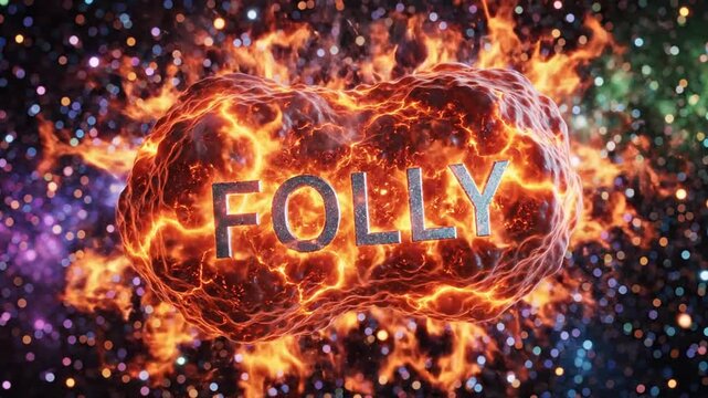 Fiery Heart with the Word FOLLY Burning in Space Scene with Explosive Effects and Cosmic Background