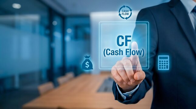 Businessman touching holographic CF Cash Flow interface with dollar and calculator icons in office