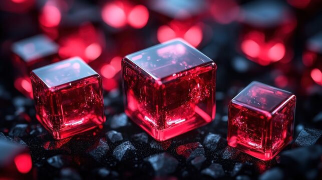 Red glass cubes on dark stones