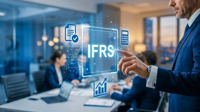 Businessman touching holographic IFRS interface with document and chart icons during corporate meeting