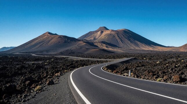 Winding asphalt road leads through barren volcanic terrain toward distant mountains under a clear blue sky. A journey into isolation and vastness, representing adventure and the unknown path ahead.