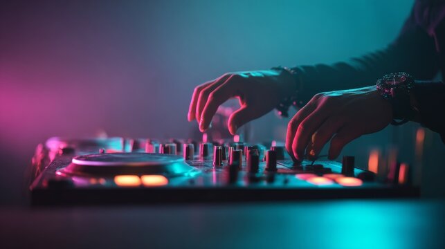 DJ mixing music on professional sound console in colorful neon light