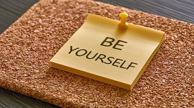 Yellow sticky note with \"BE YOURSELF\" handwritten message pinned to a corkboard