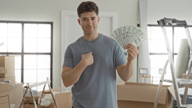 Man points to chest while holding a fan of dollars in a building amid moving boxes and ladder; confidence success.