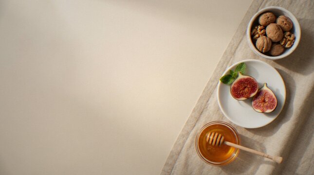 A top-down view of fresh figs, a bowl of walnuts, and a glass bowl of honey with a honey dipper on a rustic fabric background with copy space.