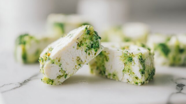 Healthy egg white and broccoli bites on marble table surface