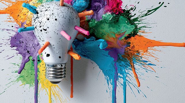 Explosion of colorful paint splattering from a bright idea light bulb, symbolizing creativity and innovation