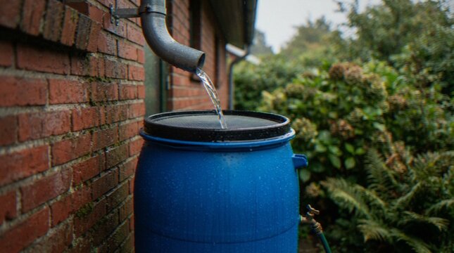 Rainwater flowing from a metal gutter spout into a blue rain barrel positioned next to a brick wall in a garden.