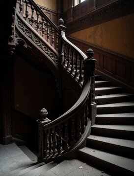 Ornate wooden staircase inside an old mansion ascends into shadow. Richly carved railings and dark timber suggest a forgotten era of grandeur and decay. Dusty stpic lead upwards.