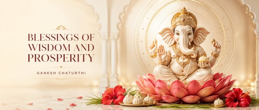 Ganesh Chaturthi idol seated on lotus with decorative background