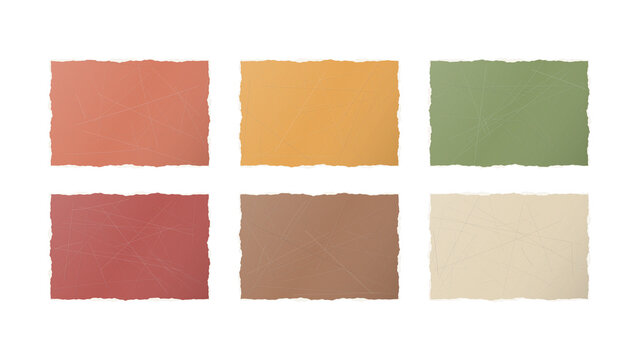 Colorful collection of six textured paper sheets with torn edges and subtle creases transparent background