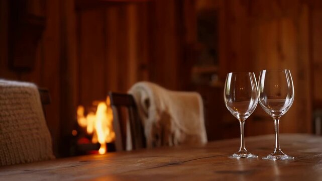 Empty wine glasses on wooden table beside glowing hearth in warm rustic interior, with soft reflections, woven chair texture, and inviting hospitality atmosphere