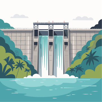 A flat vector illustration depicts a large hydroelectric dam releasing water into a river.