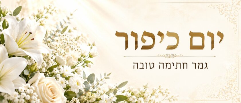 Yom Kippur floral arrangement with white lilies on elegant background