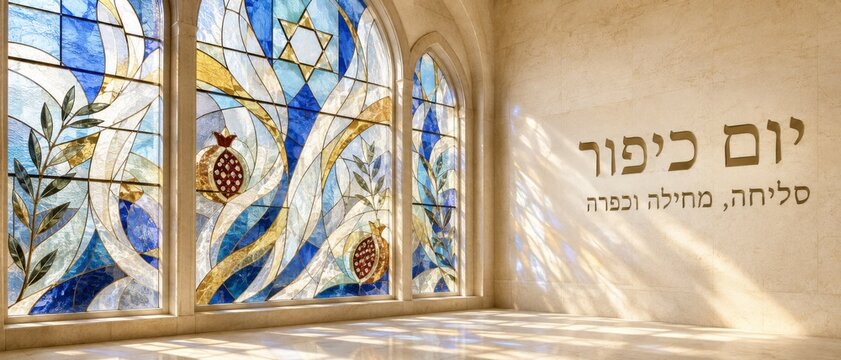 Yom Kippur stained glass window featuring pomegranates and Hebrew text
