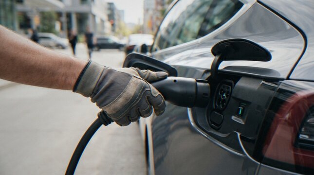 A close-up shot of a person wearing a work glove plugging a charging cable into a modern electric vehicle on a city street.
