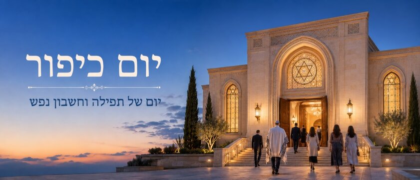 Yom Kippur observance with people entering illuminated synagogue at sunset