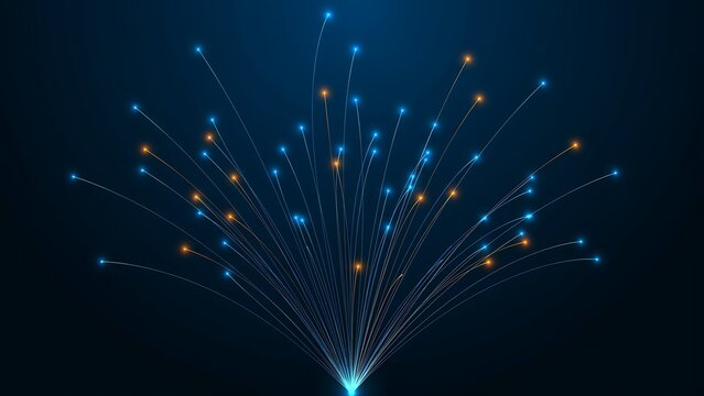 Glowing blue and orange fiber optic strands diverging from a central light source against a dark background