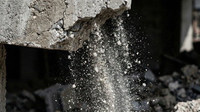 Close-up photo of a concrete block crumbling and falling debris at a demolition site.