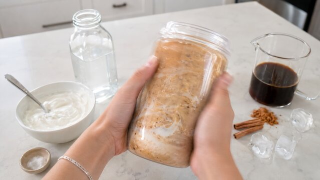 Hands shake coffee yogurt in jar on kitchen counter with ingredients