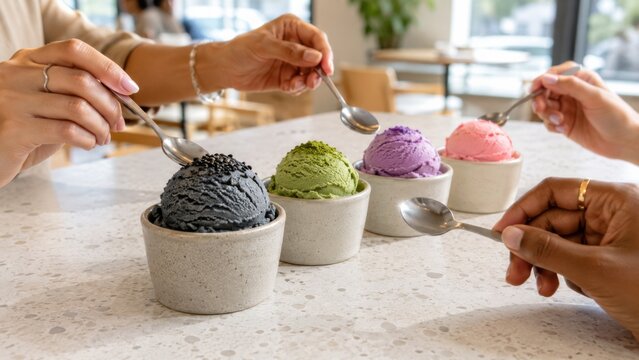 Black sesame ice cream and assorted scoops in bowls on table, concept of variety