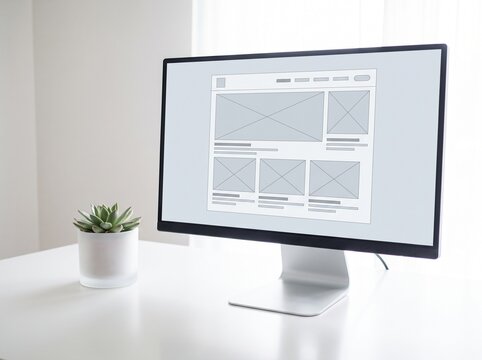 Modern computer monitor displaying wireframe website on a clean desk.