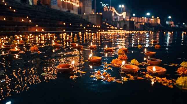 Floating diyas with marigold flowers on the ganges river at night during dev deepawali festival in varanasi, india