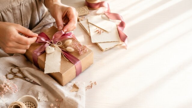 Handmade gifting scene with hands tying ribbon on wrapped gift box, pink tones, background
