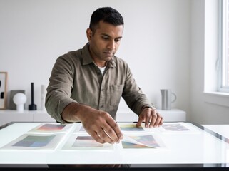 Fototapeta premium Man carefully arranging photographs on a lightbox in a studio.