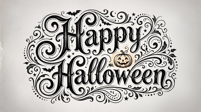 Elegant halloween typography design featuring ornate swirls bats and a festive jack o' lantern illustration