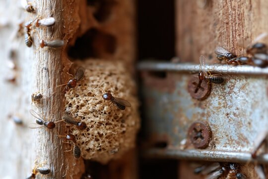 Swarming Termite Alates Emerging from Wooden Structure, Insect Pest Infestation Close-up