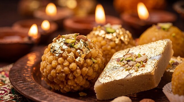 Traditional indian sweets like motichoor ladoo and kaju katli decorated with edible gold leaf, served on a copper plate for diwali festival