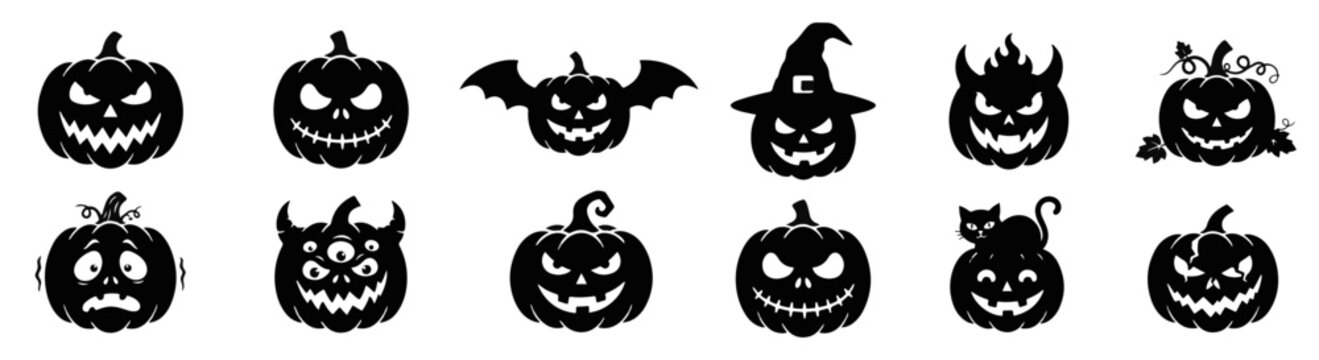 Set of twelve black silhouette halloween pumpkin icons with various scary faces and spooky expressions on white background