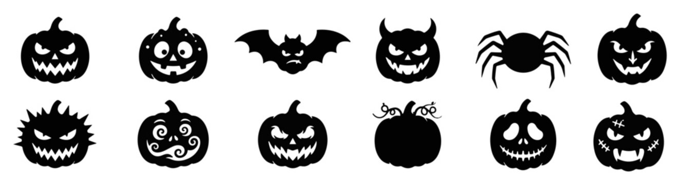 Set of black silhouettes featuring spooky jack o lantern pumpkin faces bat and spider icons for halloween holiday design