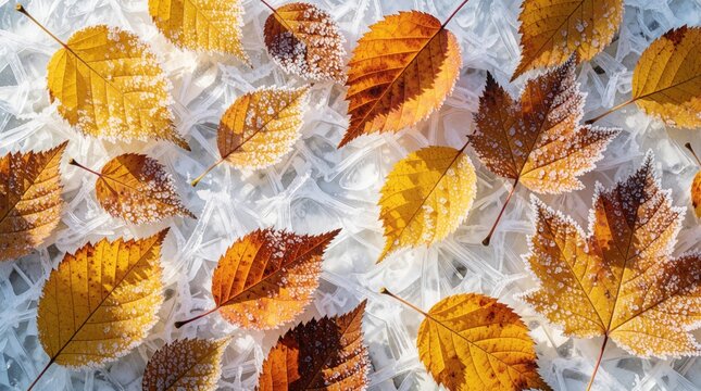 Golden autumn leaves with frost patterns rest on icy ground. Crisp natural texture shows fall colors meeting winter cold. Beautiful seasonal transition detail up close.