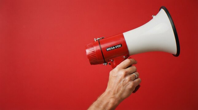 A close-up of a person's hand holding a red and white megaphone against a solid red background, representing communication and promotion.