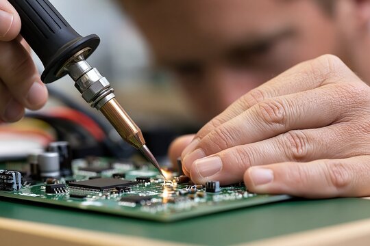 Close-up of technician meticulously soldering delicate electronic components on a circuit board with precision tool