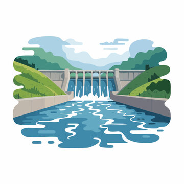 A flat vector illustration depicts a hydroelectric dam with water flowing through its.