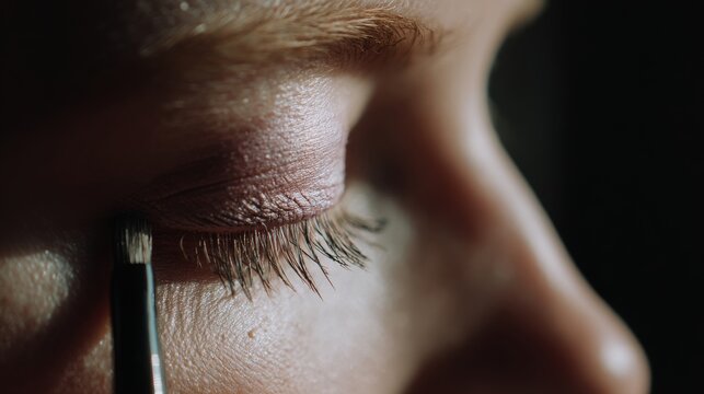 Macro view applying eyeshadow with makeup brush to closed eye