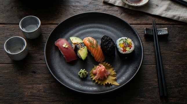 A top-down view of an assortment of sushi nigiri and maki rolls arranged elegantly on a dark ceramic plate with chopsticks and sake cups on a rustic wooden table.