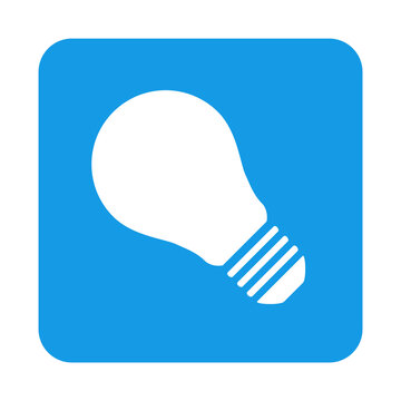 Icono con dibujo sencillo de una bombilla el&eacute;ctrica en un cuadrado de color azul. Archivo PNG con transparencia