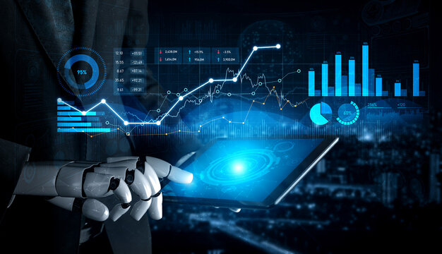 A futuristic robot hand interacts with a tablet showcasing complex financial data and analytics, creating a blend of technology and modern business intelligence in an urban landscape. Scalp