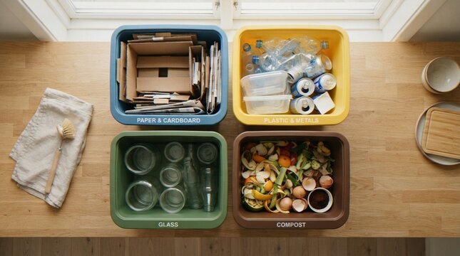 A top-down view of a kitchen counter with four color-coded recycling and compost bins for sorting household waste, including paper, plastic, metal, glass, and food scraps.