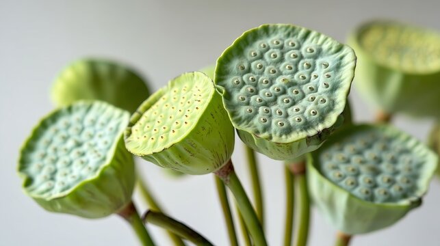 Fresh green lotus seed pods in close up view studio shot